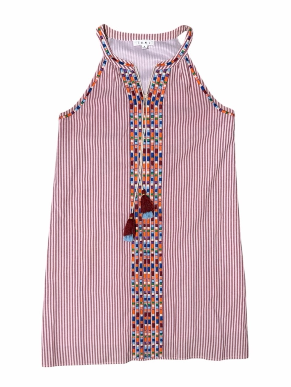 NWOT THML Sold at Anthropologie Striped Halter Dress W Colorful Embroidered Trim